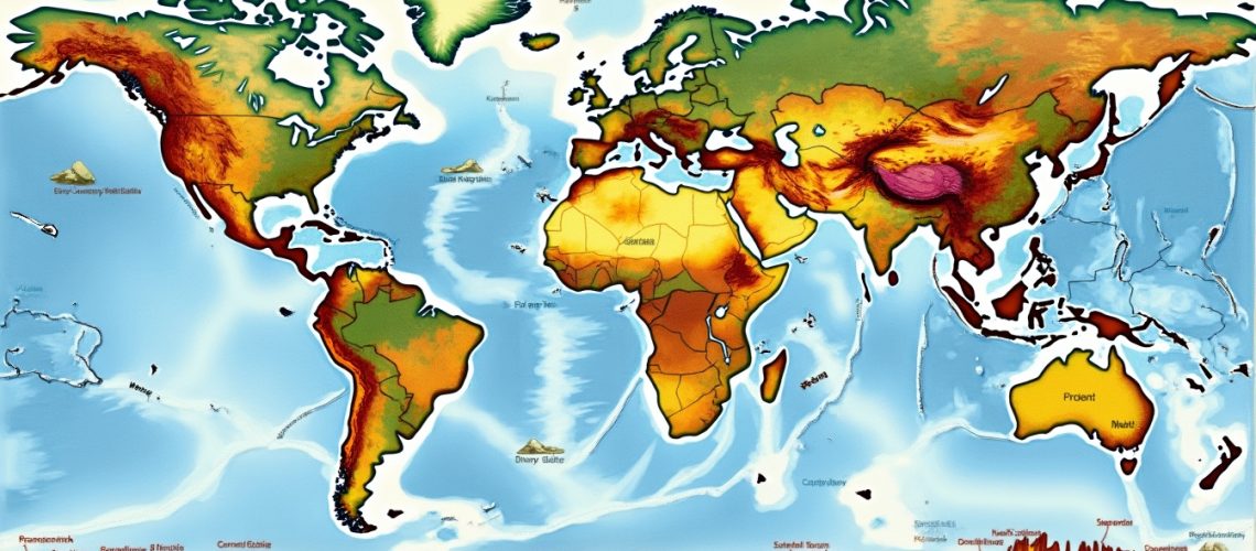 Colorful world topographic map highlighting elevation variations across continents.