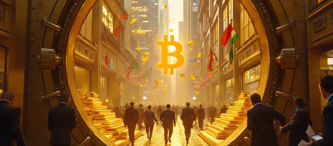 People walk through a giant vault lined with gold bars, leading to a Bitcoin symbol in the distance.