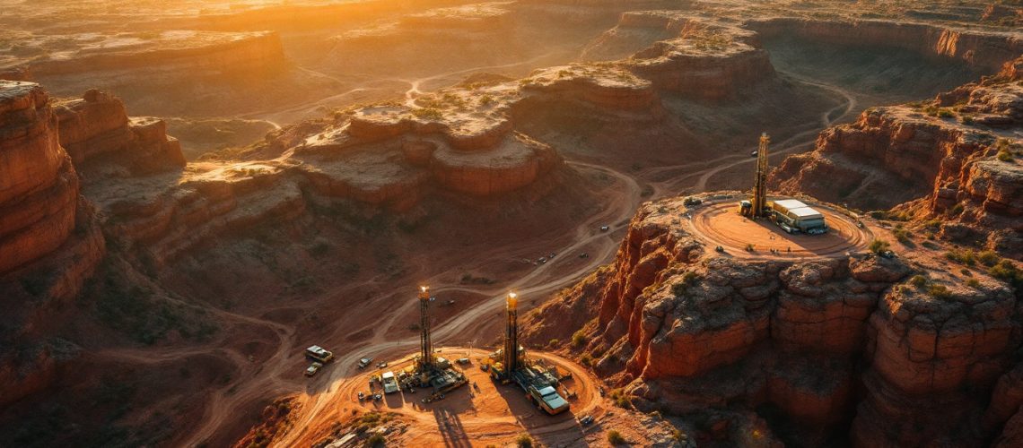 Litchfield Minerals Ltd-LMS-Sunset view of oil rigs on rocky desert plateaus, surrounded by canyons and dirt roads.