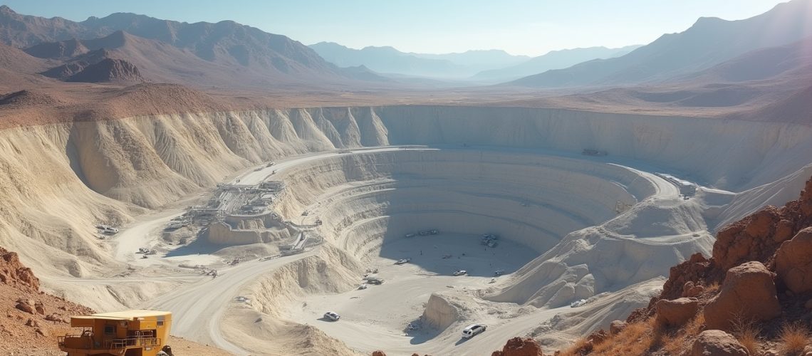 Large open-pit mine with heavy machinery against a mountainous desert backdrop.