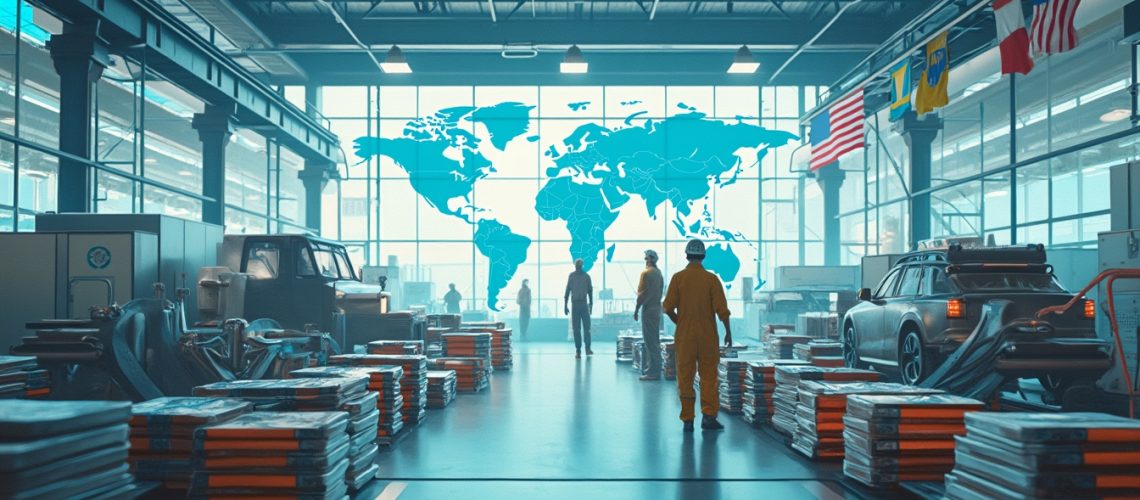 Factory interior with cars, workers, and flags, featuring a large world map on the window.