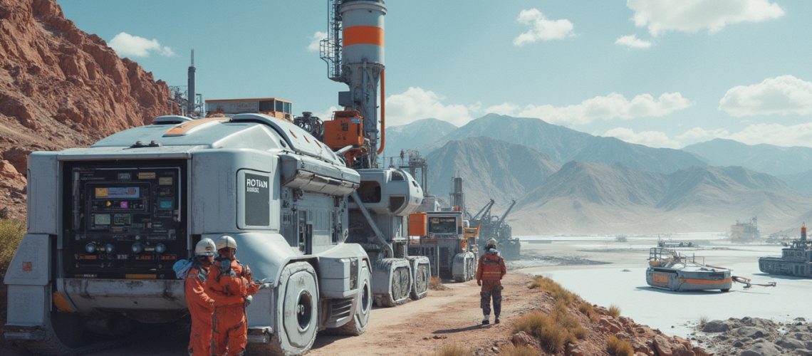 Futuristic industrial vehicle in a desert with mountains in the background. Workers walk nearby.