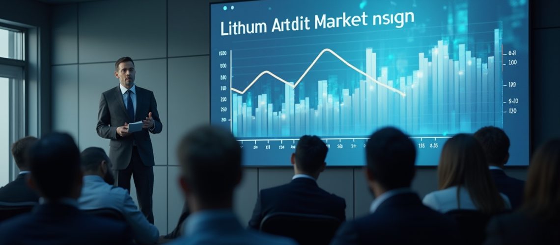 Presenter discussing lithium market trends in front of a graph-filled screen at a conference.