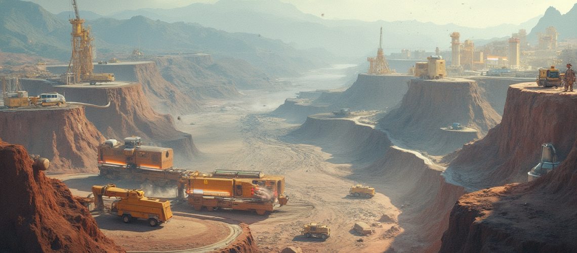 Futuristic landscape with mining equipment on red-hued cliffs under a bright sky.