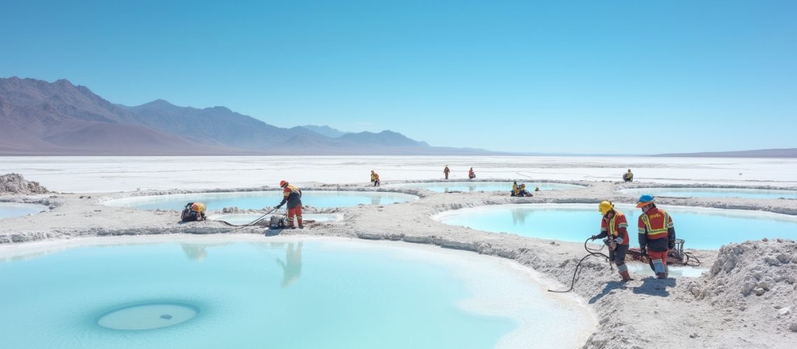 Workers in a desert mining site with blue pools and mountains in the background.