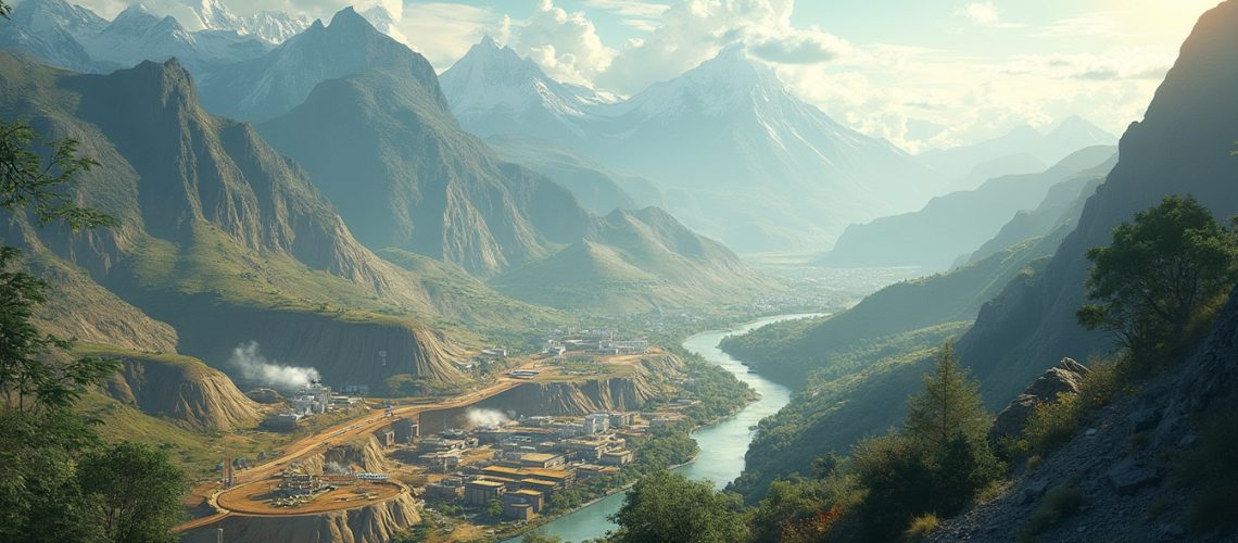 Scenic mountain valley with river, road, and industrial buildings under a clear blue sky.