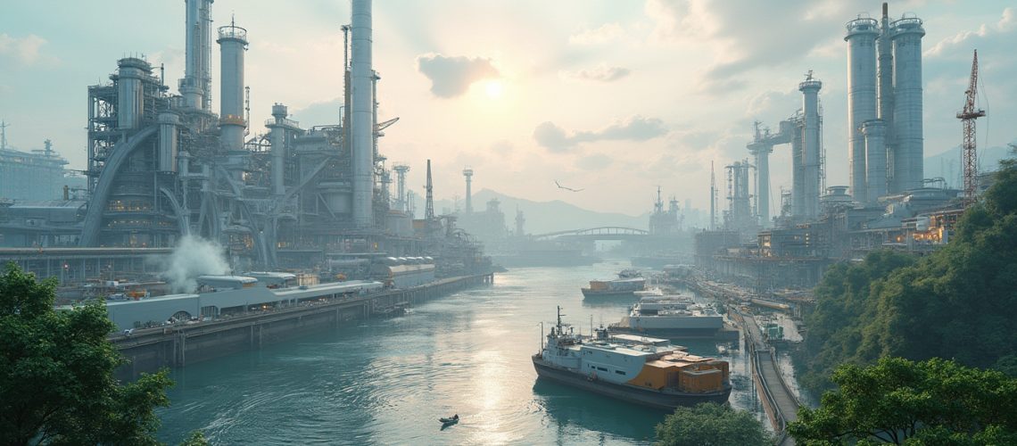 Futuristic industrial cityscape with tall structures, river, and boats under a setting sun.