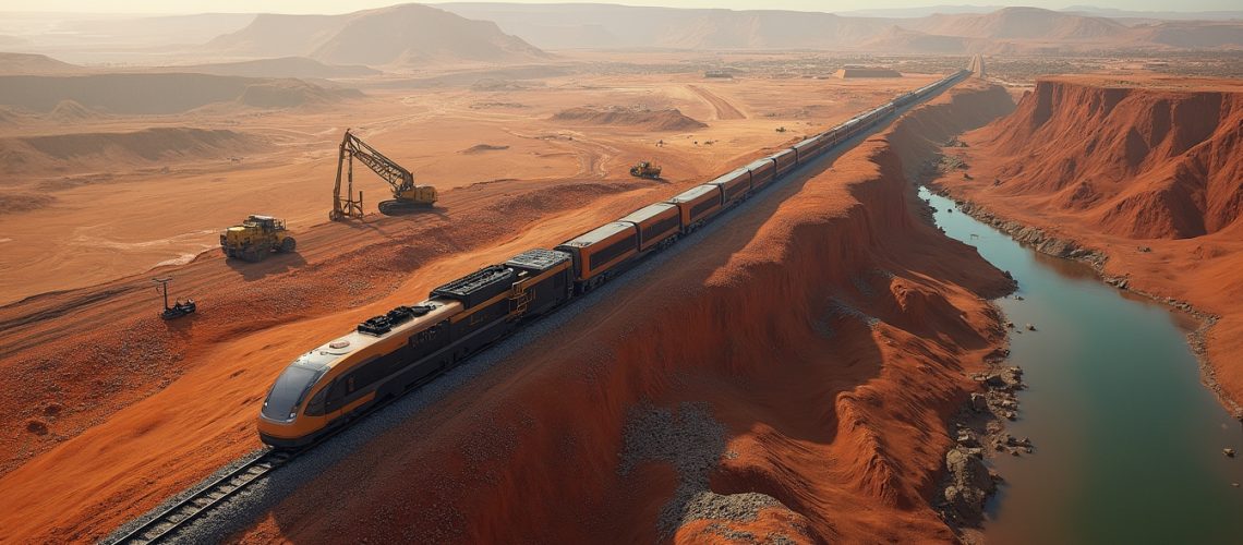 A train travels through a desert landscape beside a winding river, with machinery in the background.