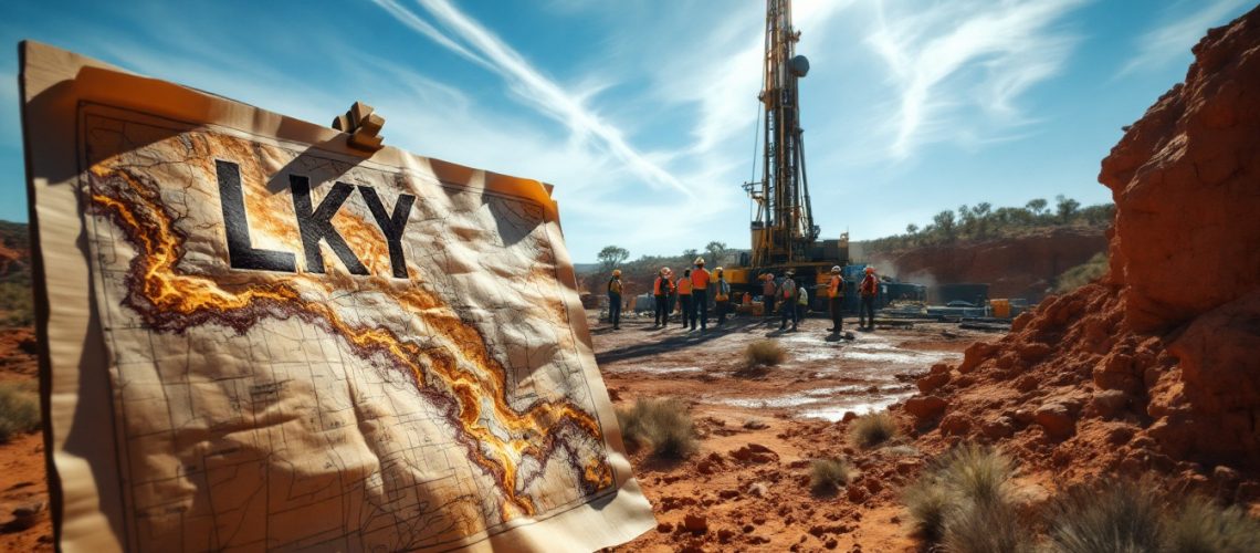 Locksley Resources Ltd-LKY-Map labeled "LKY" near a drilling rig with workers under a blue sky.