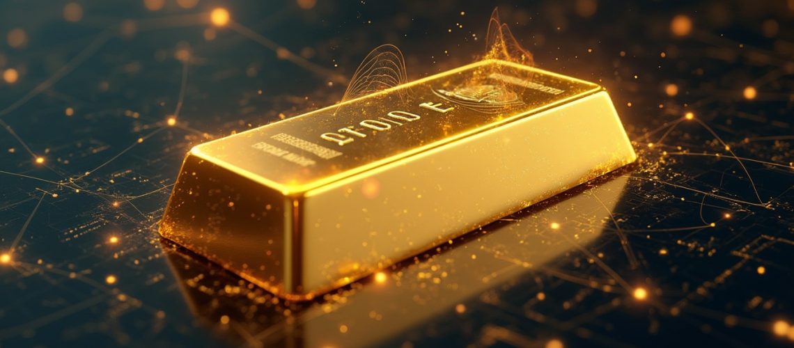 A shiny gold bar amidst a digital, glowing network background.