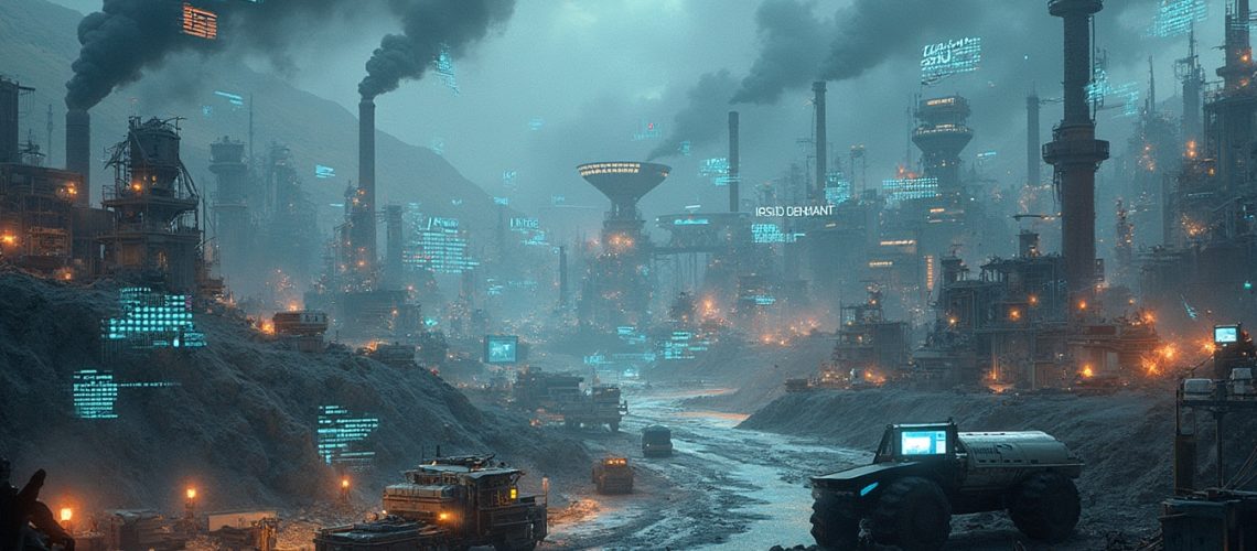 Futuristic industrial cityscape with smoke, heavy machinery, and digital elements in a foggy atmosphere.