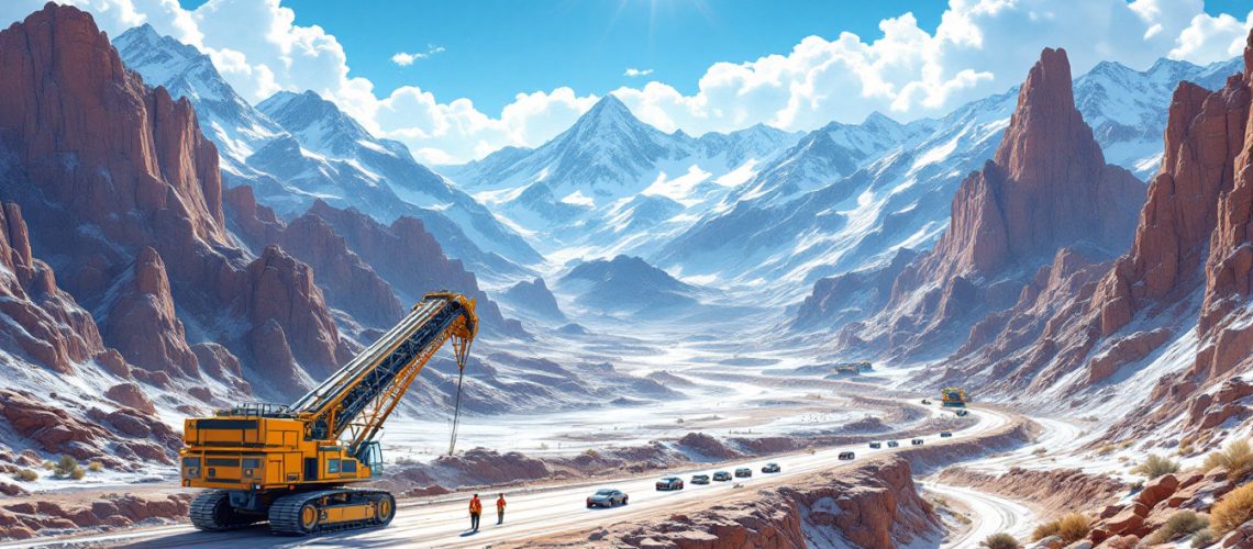 Loyal Lithium Ltd-LLI-Mountainous landscape with a crane and cars on a snowy road under a bright sun.