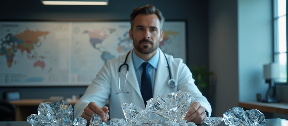 Doctor examining large diamonds on a desk in a modern office setting.