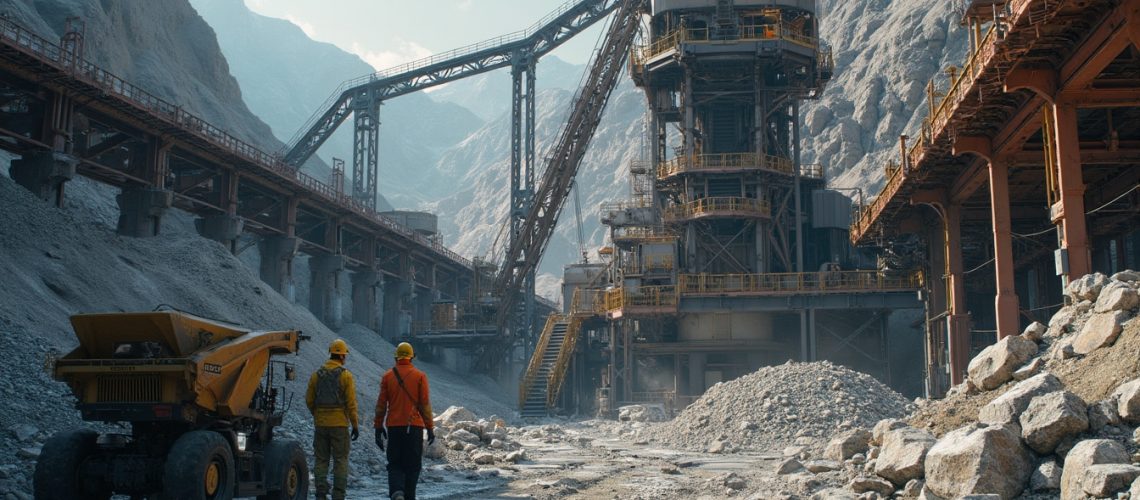 Two workers in safety gear walking in a large quarry with industrial machinery and rocky terrain.