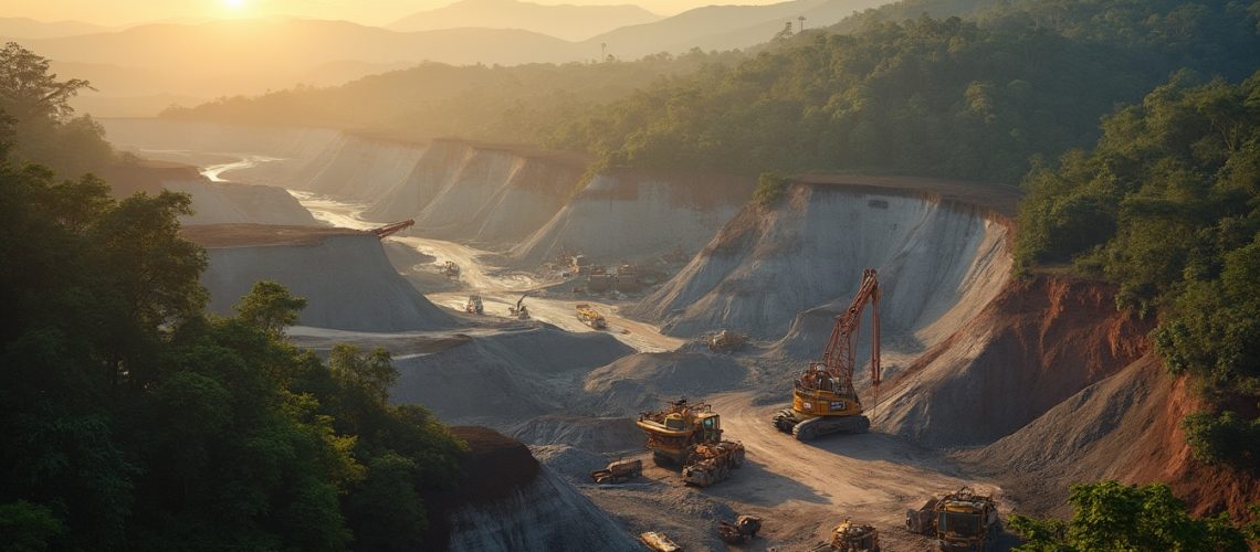 Sunset over a mining site with heavy machinery and lush hills in the background.