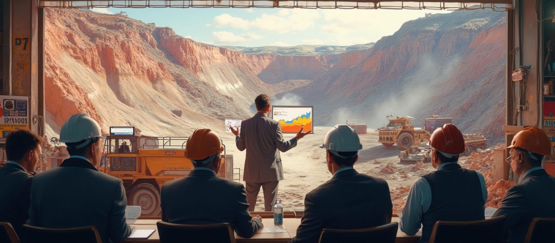 Business presentation overlooking a mining site, with workers in helmets observing.