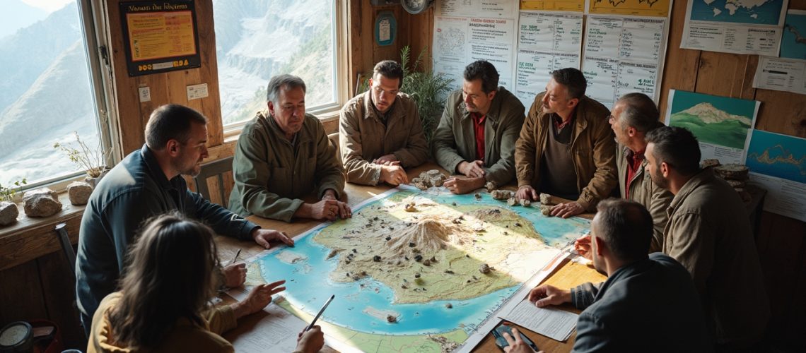 Group of people discussing a map in a cozy, wood-paneled room with charts on the walls.