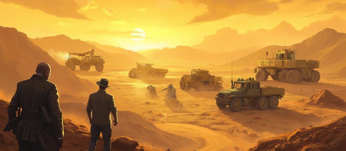 Men observing large vehicles in a desert landscape at sunset.