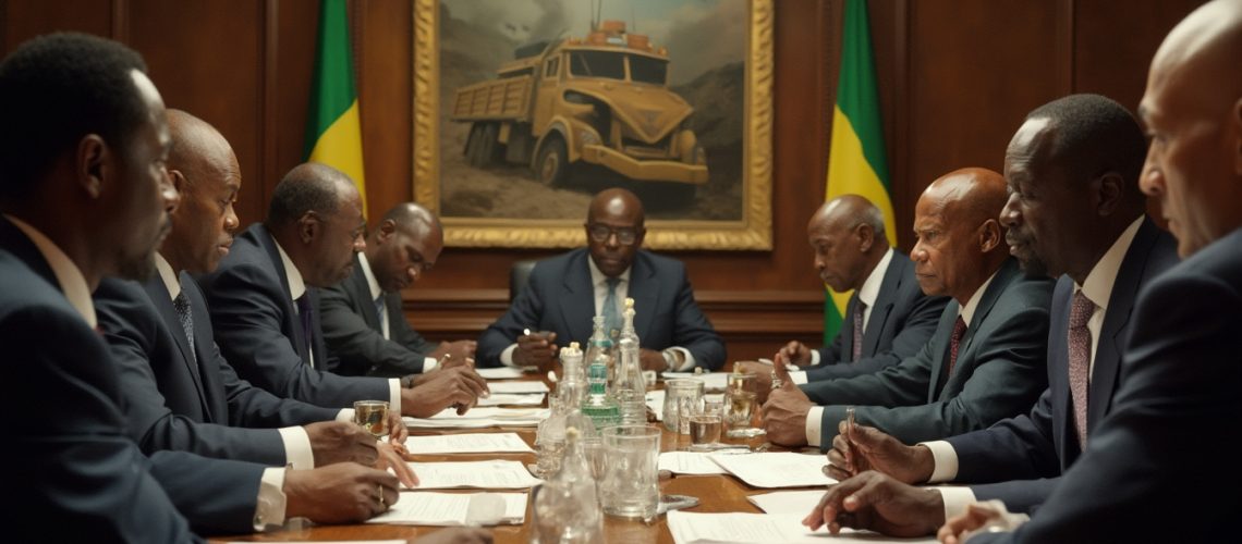 Business meeting with nine men around a table, a painting of a truck in the background.