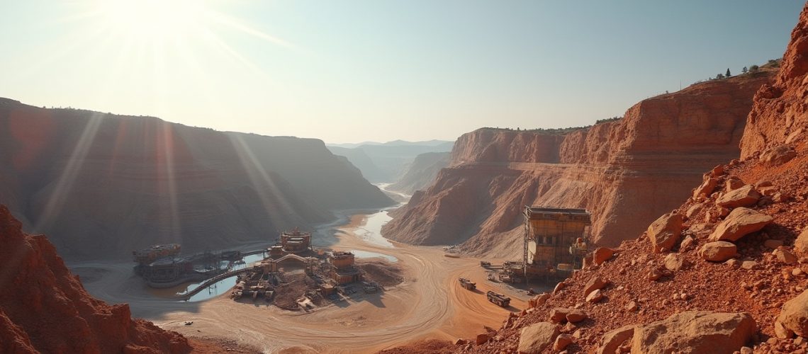 Sunlit canyon landscape with rugged red cliffs and a meandering river, construction site visible.