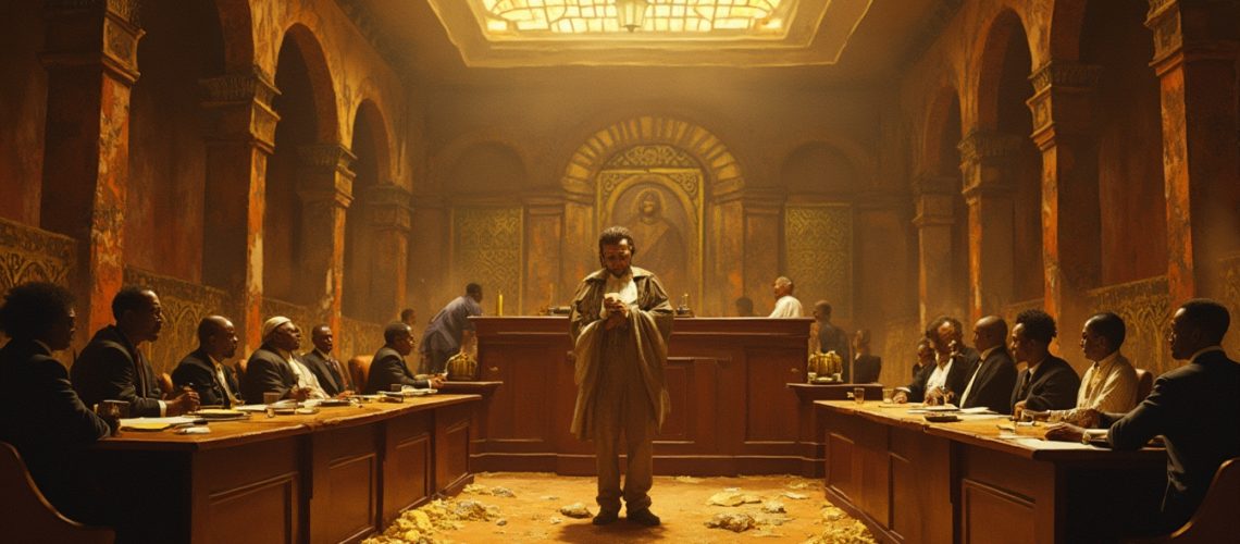 Dimly lit courtroom with people at a long table, centered man in robes under ornate ceiling.