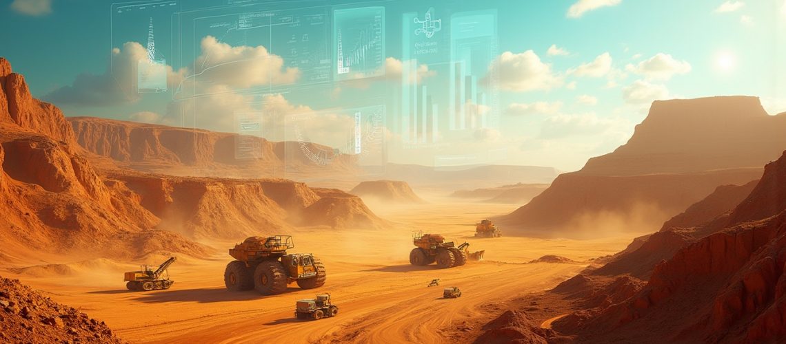 Desert mining operations with futuristic data overlay.