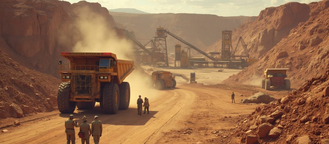 Open-pit mine with large trucks and workers under a bright sky. Dust rises in the background.