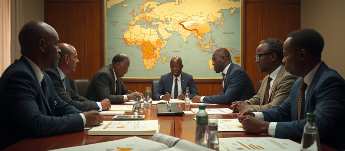 Seven men in suits at a conference table with maps and documents, serious discussion underway.