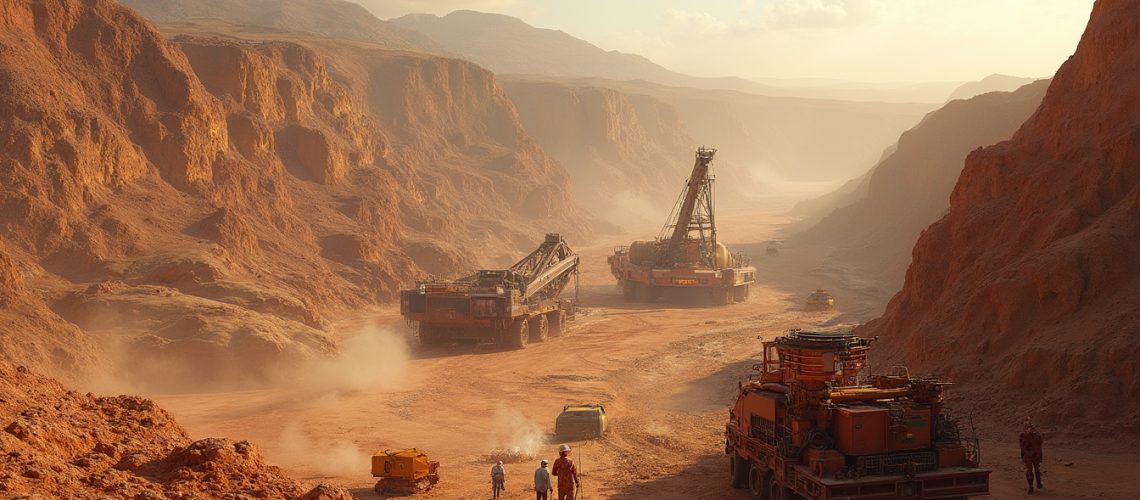 Massive mining equipment in a dusty canyon under a hazy sky, with workers and rugged red terrain.