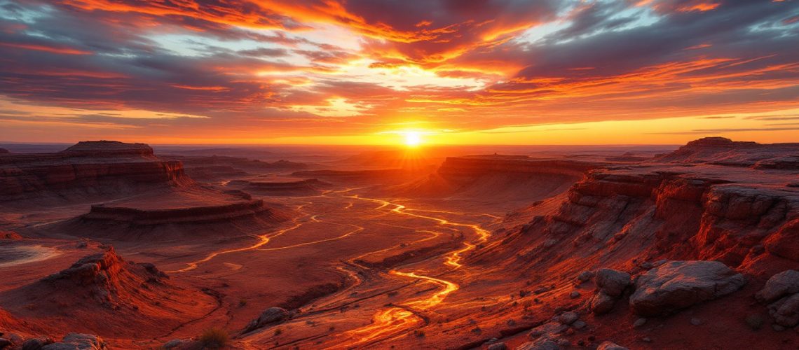 Marquee Resources Ltd-MQR-Vivid desert sunset with dramatic clouds and winding canyon bathed in warm, glowing light.