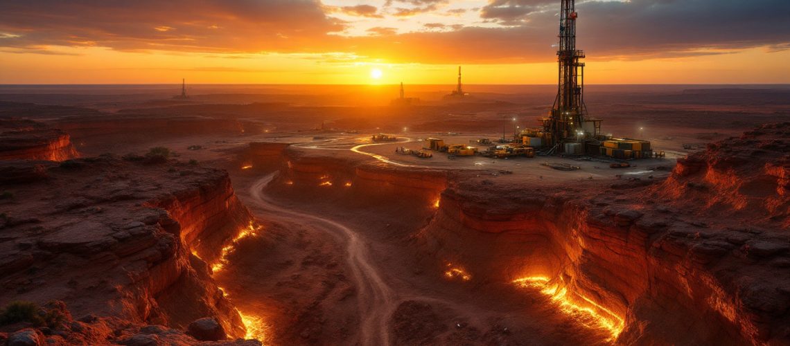 Matsa Resources Ltd-MAT-Sunset over desert landscape with oil rigs and glowing canyon edges.