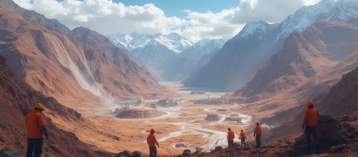 Workers in orange safety gear overlooking a mountainous valley with a winding river.