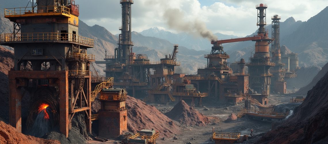 Industrial complex with tall chimneys emitting smoke amidst rugged, mountainous terrain.