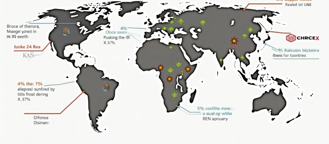 World map with icons and text about global mining M&A trends, including copper and conflict mines.