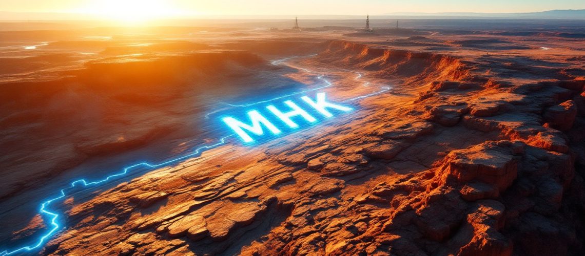 Metal Hawk Ltd-MHK-Sunset landscape with neon blue "MHK" on rocky terrain, with glowing energy path.