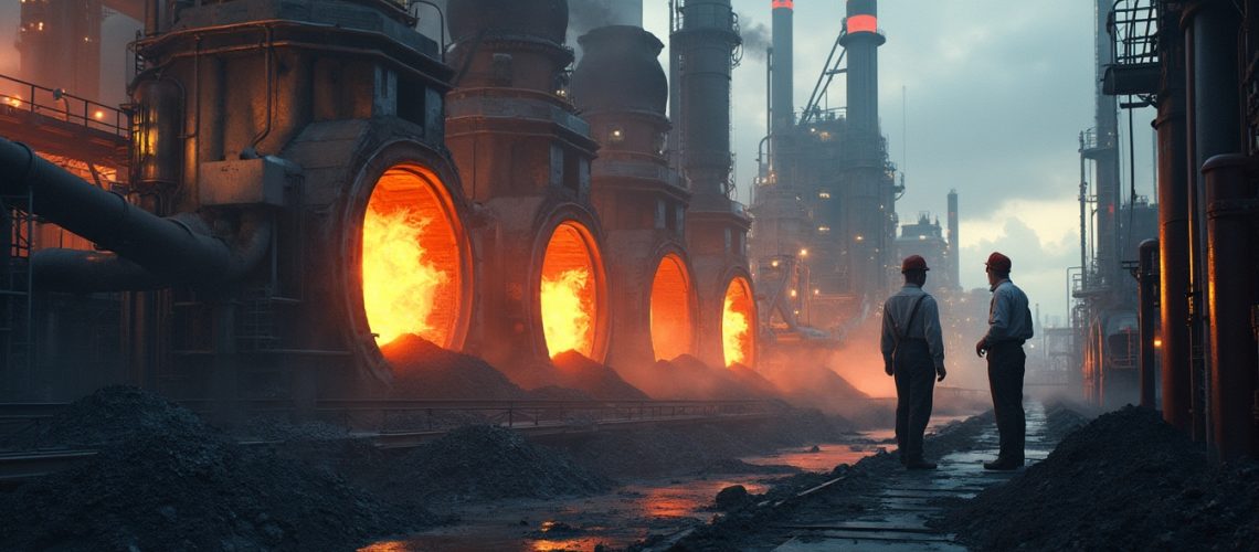 Two workers stand near glowing furnaces at an industrial plant during dusk, with smoke and steam rising.