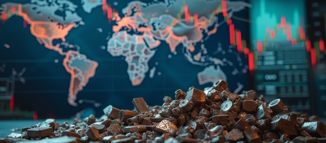 Heap of minerals in focus, stock market chart and world map blurred in background.