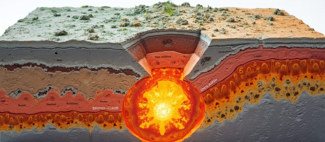 Cross-section of a volcanic eruption model showing various layers of the Earth's crust and magma.