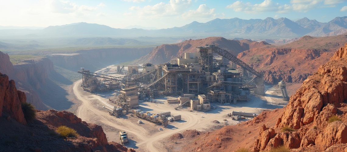 Mining facility surrounded by red rock formations and distant mountains under a blue sky with clouds.