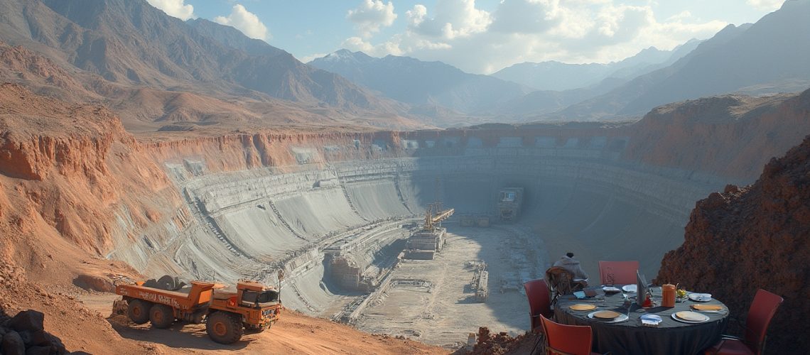 A dining table overlooking a vast open-pit mine with mountains in the background.