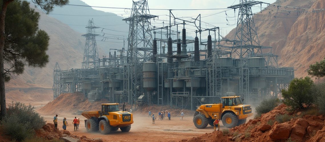 Industrial facility with heavy machinery and workers in a desert landscape.