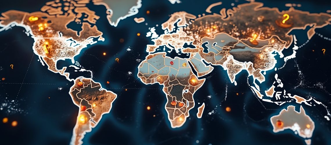 Glowing world map with question marks and illuminated spots across various continents.