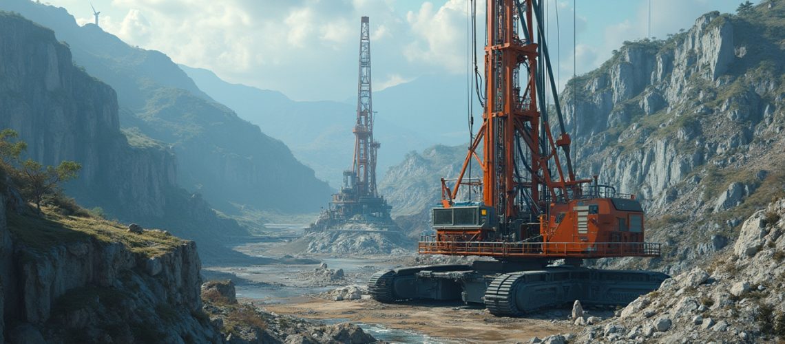 Tall drilling rigs in a rocky canyon with a small orange vehicle by a flowing stream.