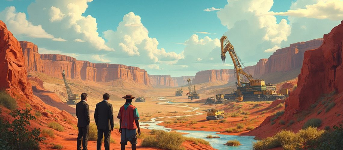 Three people observe large machines in a sunset-lit desert canyon with a small stream.