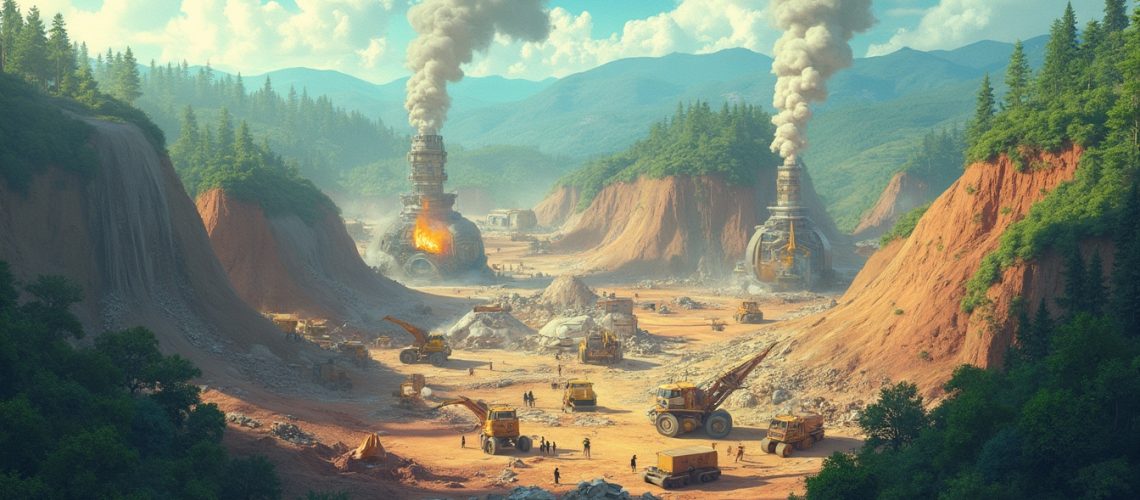 Futuristic mining operation in a forested valley with giant machines and smoke rising into the sky.