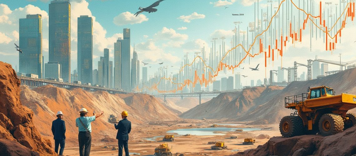 Four engineers overlook a futuristic cityscape with graphs and excavators in a desert landscape.