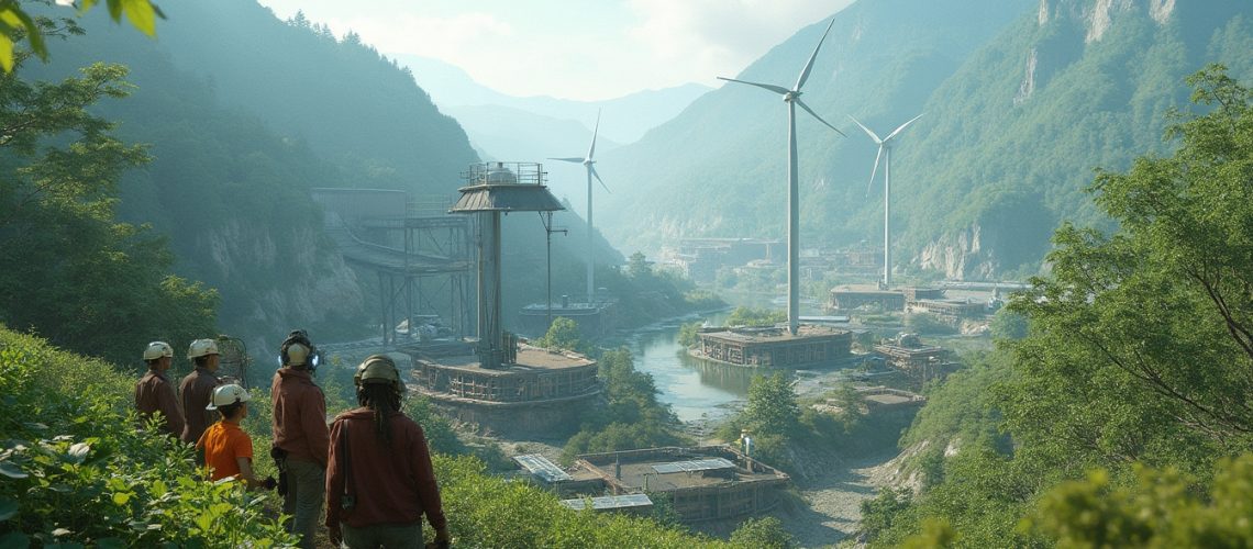 People observing a wind farm in a lush valley with mountains in the background.