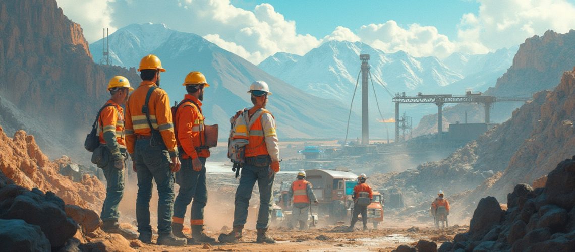 Five workers in safety gear at a rocky industrial site with mountains and machinery in the background.