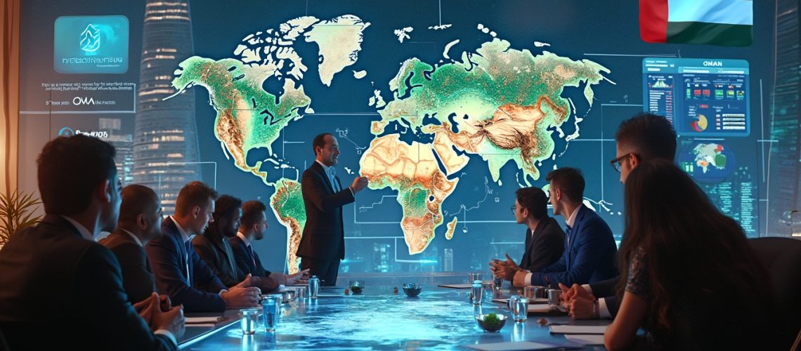 Business meeting in a modern room with a large world map and digital displays on a screen.