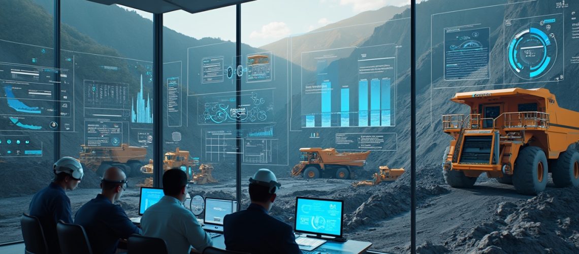 Engineers monitor mining trucks through futuristic digital displays in a control room.